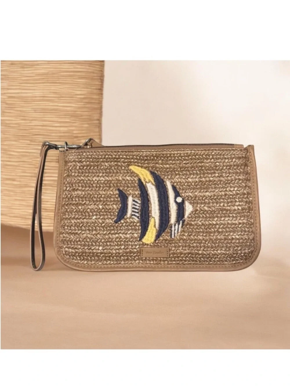 Like New ~ Vera Bradley Straw Wristlet with Embroidered Fish - Natural/Tan